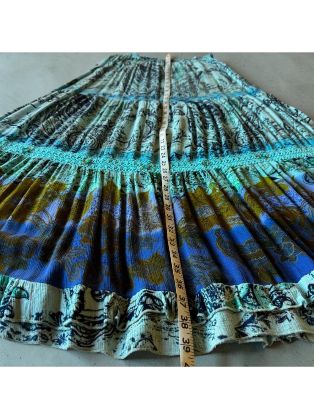 Boho Maxi Skirt Teal & Blue Size M Paisley & Floral Tiered Design Jeweled Accent - Picture 6 of 10